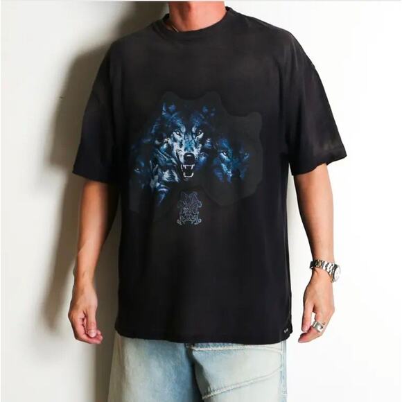 New KAMIYA KMY-WOLF” Distressed (BLACK) T-shirt Size XL - Picture 2 of 4